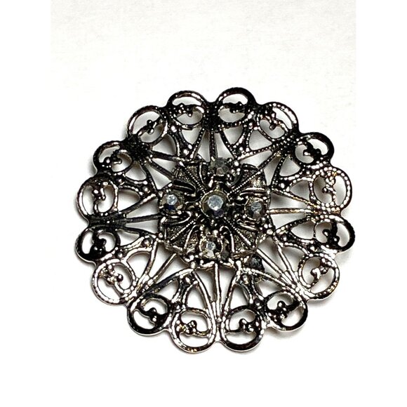 Filigree Brooch 1.7 in Pin Jewelry Silvertone Rhinestones - Picture 2 of 9